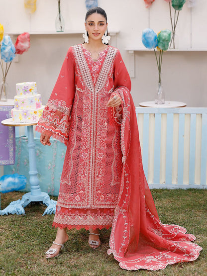 Bin-illyas, embroidered lawn shirt and trouser with cotton Net dupatta.