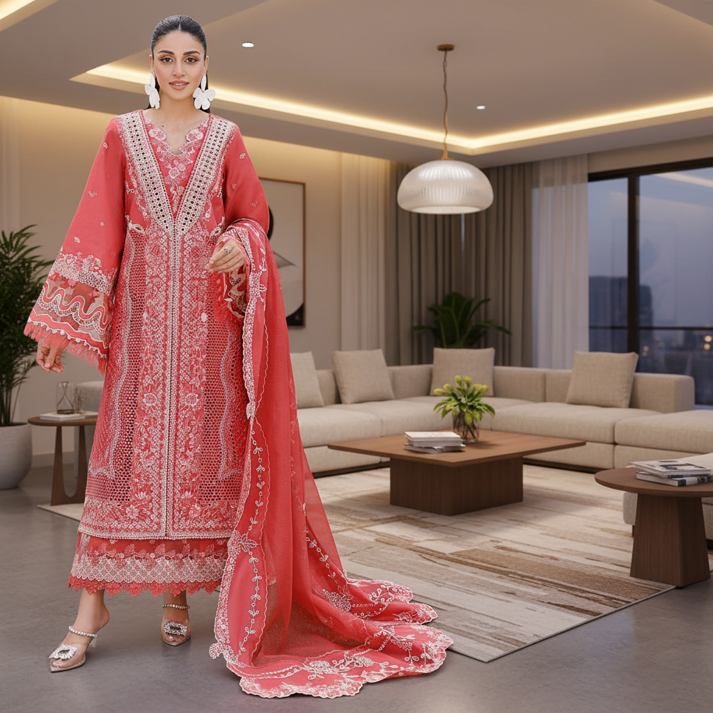 Bin-illyas, embroidered lawn shirt and trouser with cotton Net dupatta.