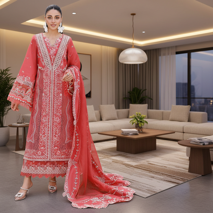 Bin-illyas, embroidered lawn shirt and trouser with cotton Net dupatta.