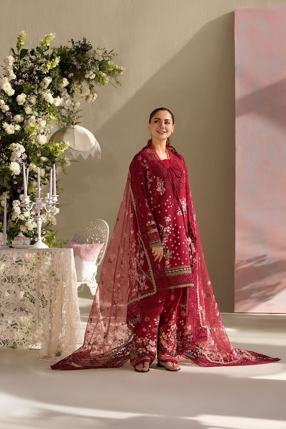 Sobia Nazir offers a premium lawn shirt featuring an intricately embroidered neck and a heavily embroidered front.