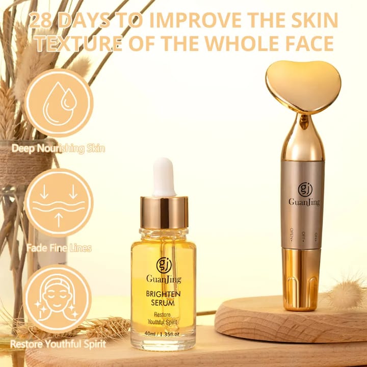 Guanjing Brighten Serum 40Ml With Facial Massager – Deep Nourishing Skin Care Set To Fade Fine Lines And Restore Youthful Glow (GJ7207)
