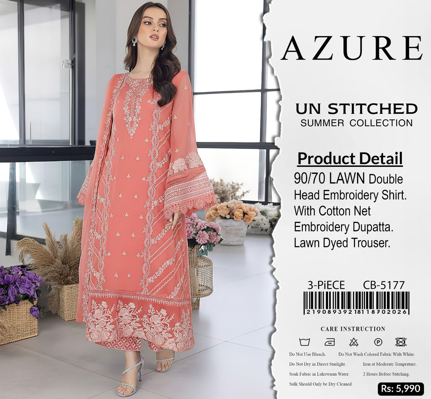 *AZURE 5177🍂Luxury Embroidered 3-Piece: Best Export Quality Airjet Lawn (90/70)*