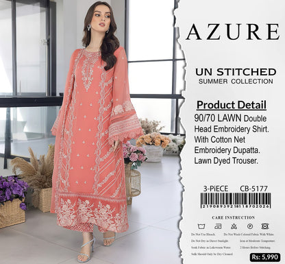 *AZURE 5177🍂Luxury Embroidered 3-Piece: Best Export Quality Airjet Lawn (90/70)*