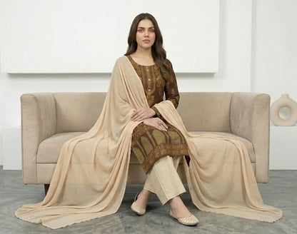 Arabic lawn, printed suit with chiffon dupatta brown block