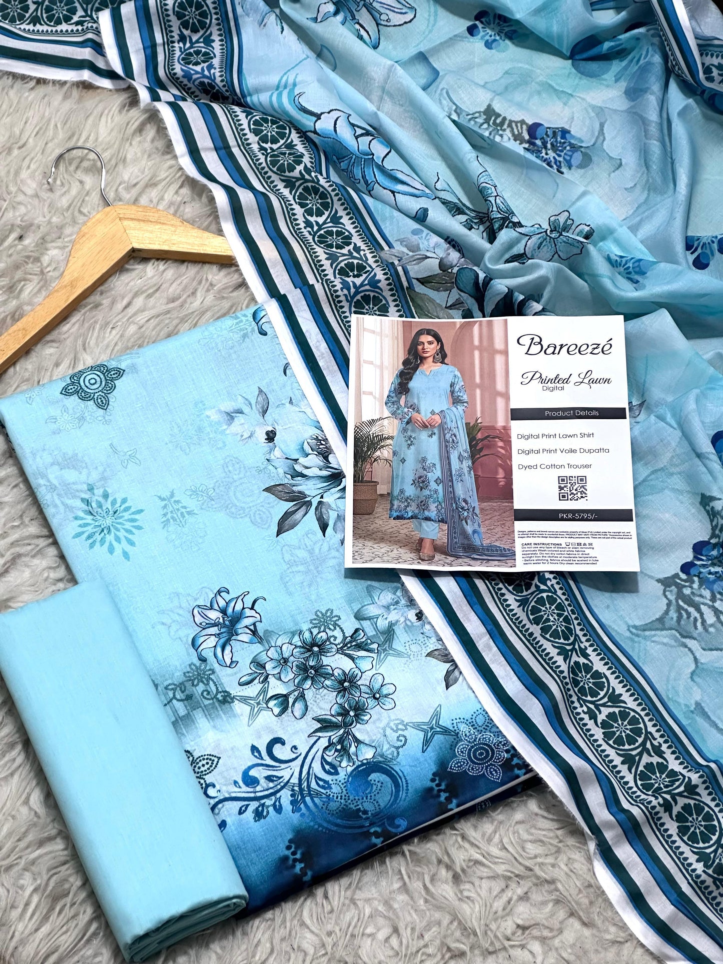 Bareezé printed lawn shirt, voille dupatta, dyed cotton trouser