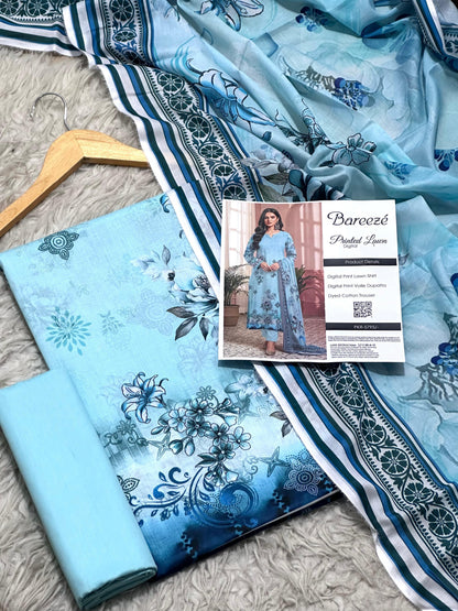 Bareezé printed lawn shirt, voille dupatta, dyed cotton trouser