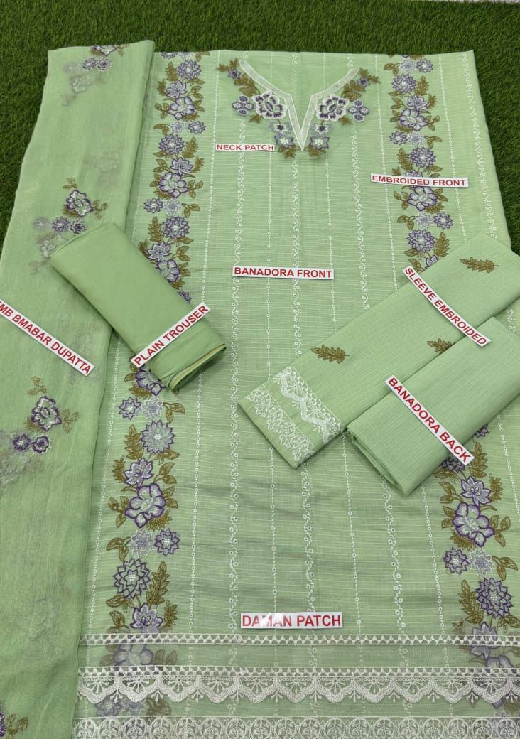 BANADORA LAWN 100-100*
3pc embroidered**Neck,Daman patch embroidered*