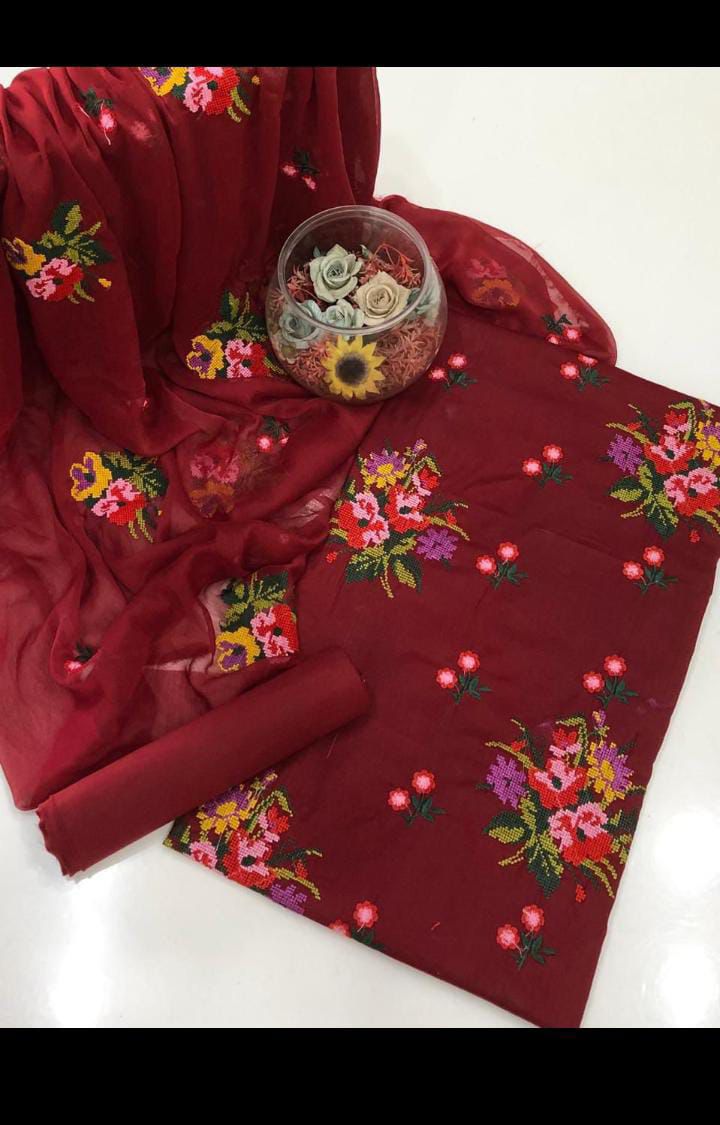 Lawn cotton multi-embroidered unstitched suit