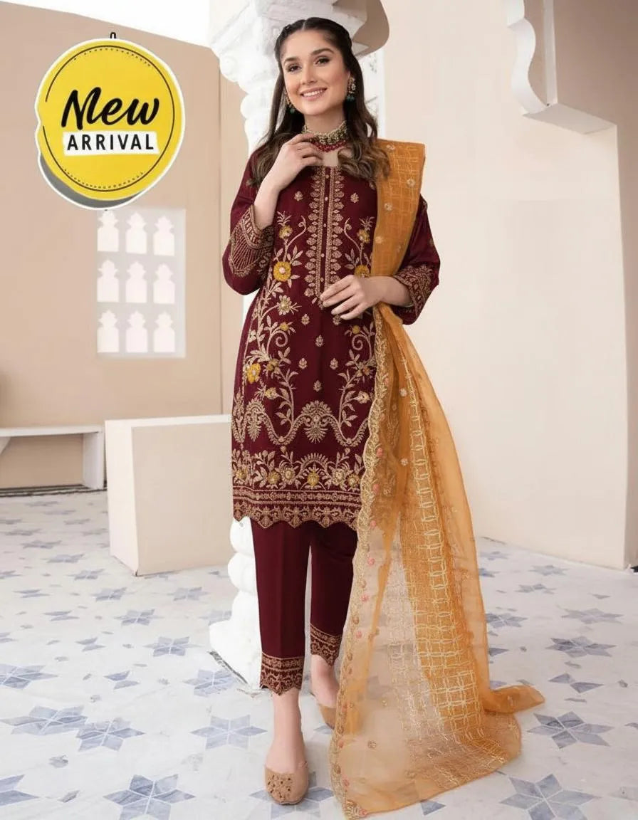 Women's embroidered stitched organza dress 3Pcs