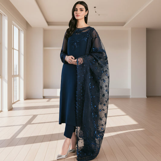 Baroque, Premium  Chiffon Front and Back, Embroidered Neck Patch & Sleeves, 3PCs