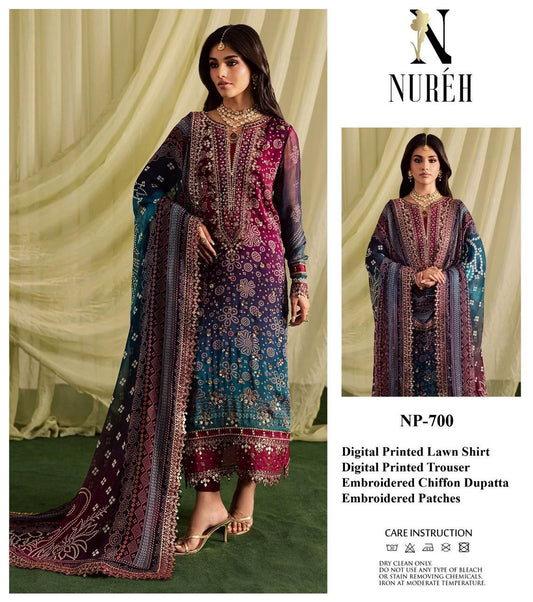 Nureh, Eid Collection,Lawn & Chiffon, unstitched 3Pcs