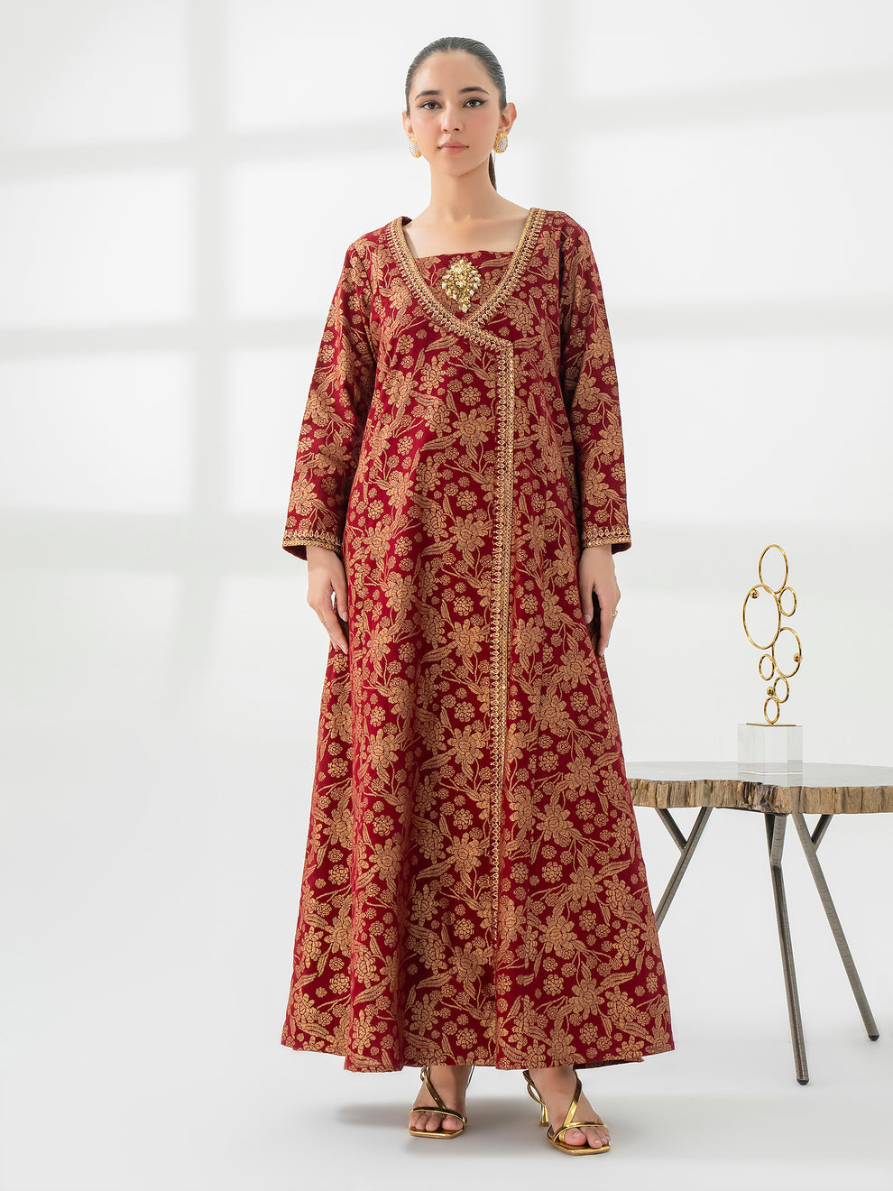 Red-Gold Khaddar Angrakha- Embroidered pret Hot Sale!