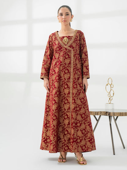 Red-Gold Khaddar Angrakha- Embroidered pret Hot Sale!