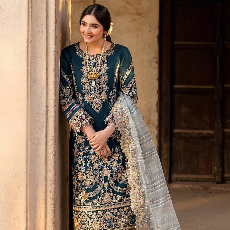 BATIK-3PC DHANAK HEAVY EMBROIDERED SHIRT WITH COTTON NET EMBROIDERED DUPATTA AND EMB TROUSER-ADR-4238