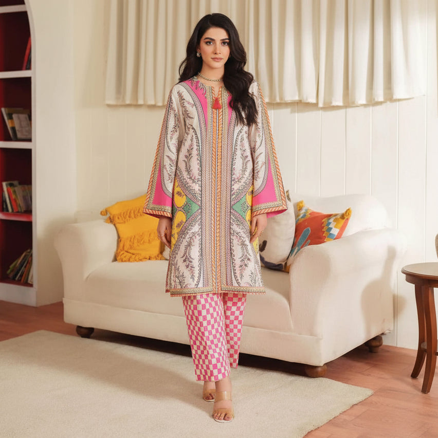 New arrival stitched 2 PCs printed shirt, trouser
