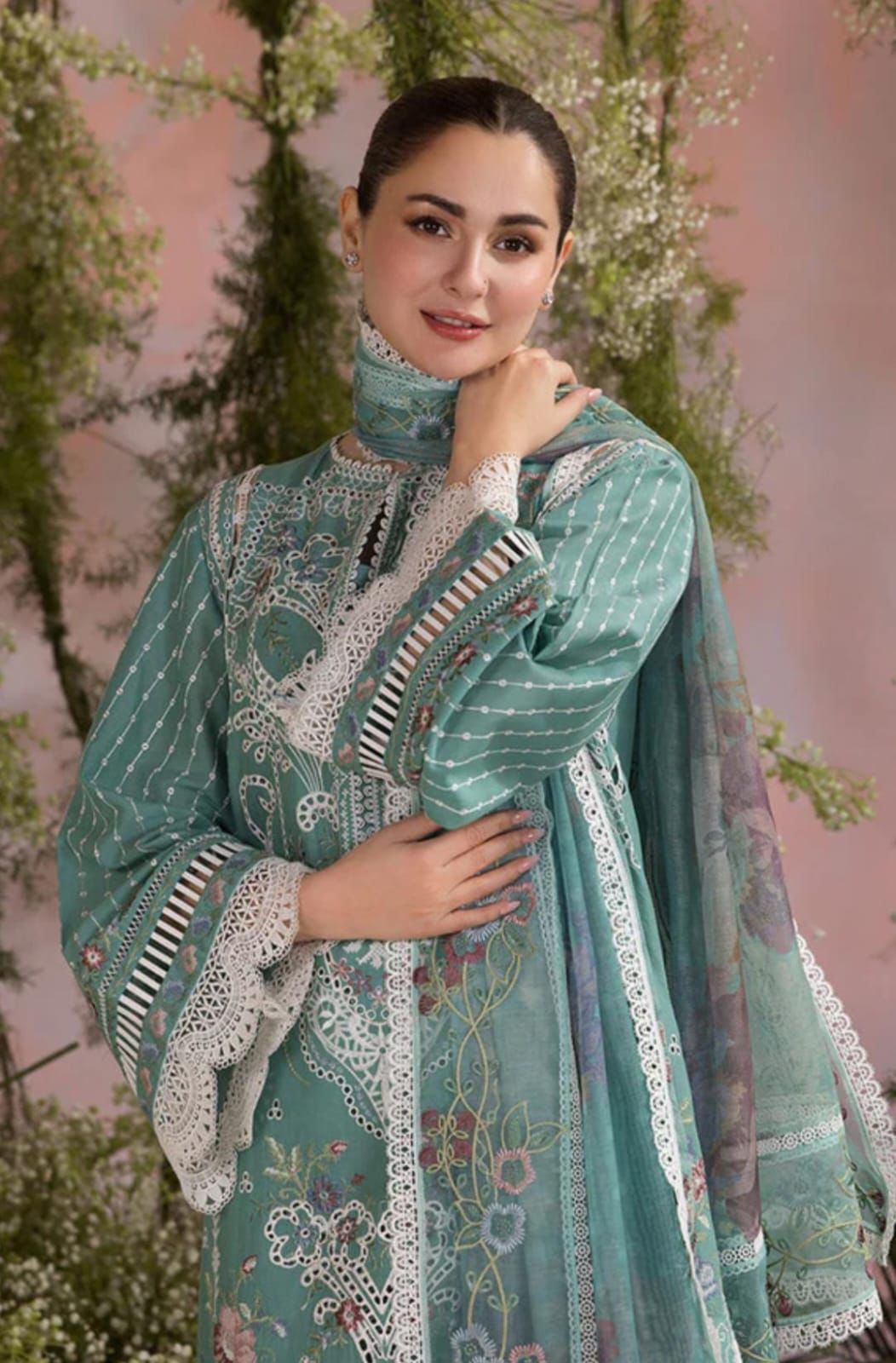 Sobia Nazir premium Lawn shirt with neck and front heavy embroidery.