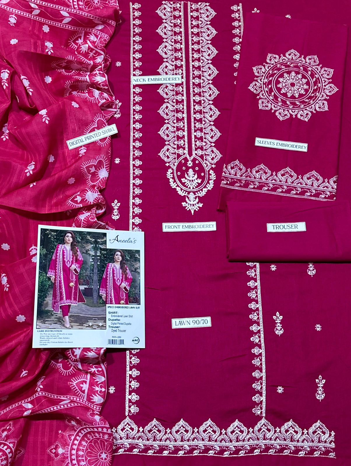Aneela's Lawn 3-PCS Embroidered Vibrant Pink color