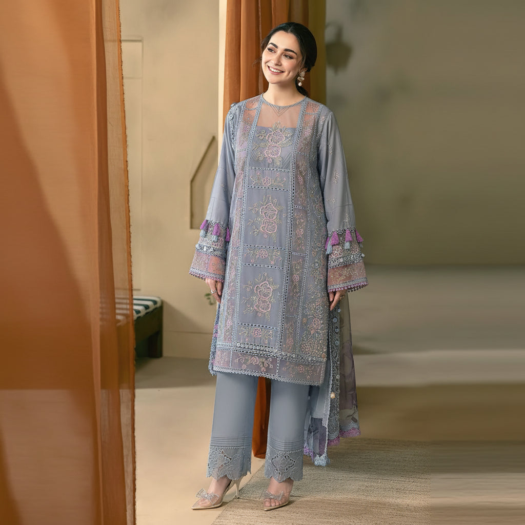 Saira Rizwan 2K26 fine quality 90/70 Lawn with Indian chiffon Dopatta, 3 Pcs Suit