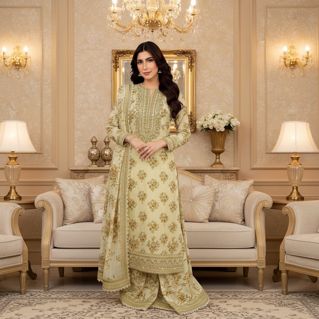 Aneela, Printed Lawn Shirt,Trouser,Plain Trouser & Lawn Dupatta