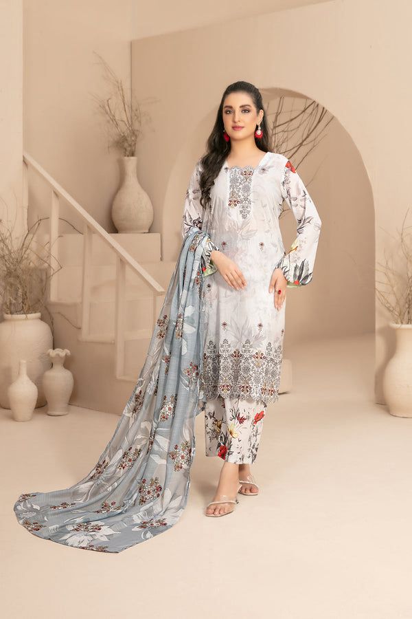 LAIQ BY TAWAKKAL,Unstitched Replica,LAWN Suit With BANA DORA Dupatta