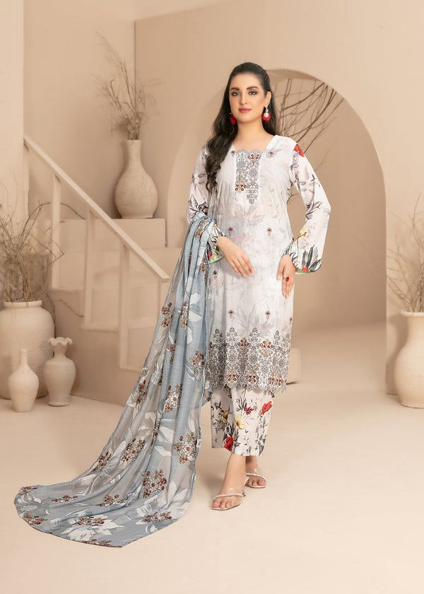LAIQ BY TAWAKKAL,Unstitched Replica,LAWN Suit With BANA DORA Dupatta