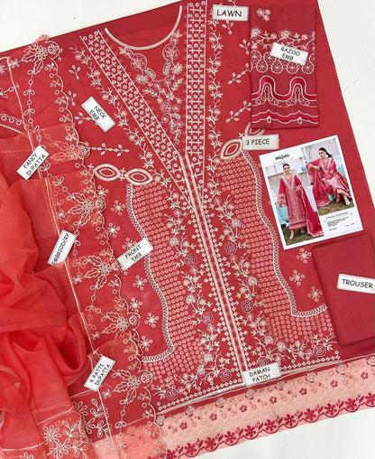 Bin-illyas, embroidered lawn shirt and trouser with cotton Net dupatta.