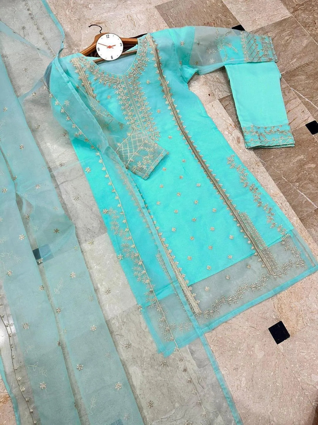3 piece Organza embroidered suit