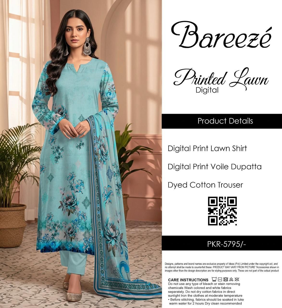 Bareezé printed lawn shirt, voille dupatta, dyed cotton trouser