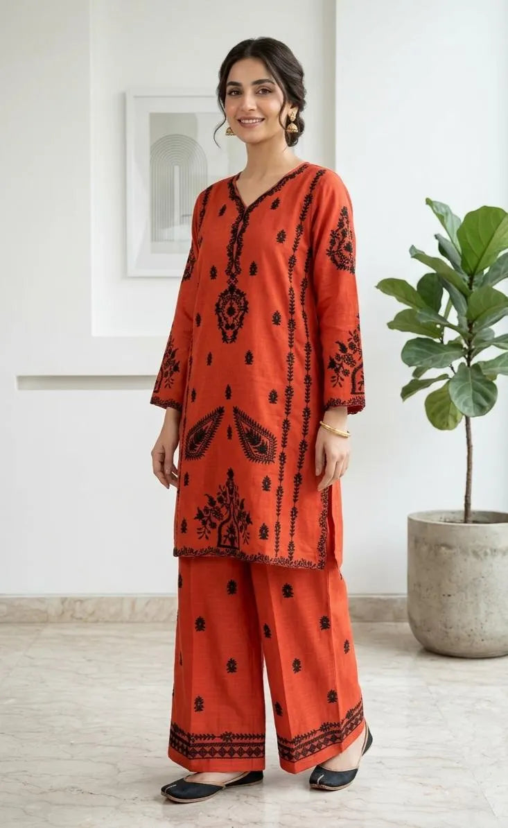 Cotton  Lawn, kurta set embroidered orange colour, 2pc