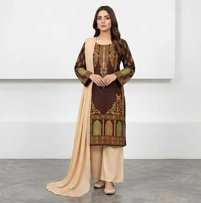 Arabic lawn, printed suit with chiffon dupatta brown block