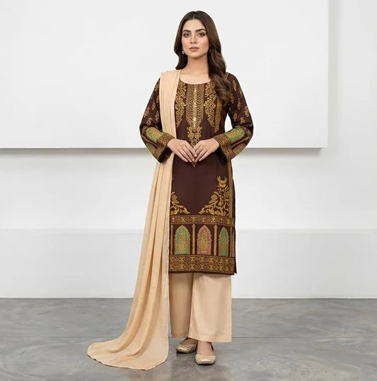 Arabic lawn, printed suit with chiffon dupatta brown block