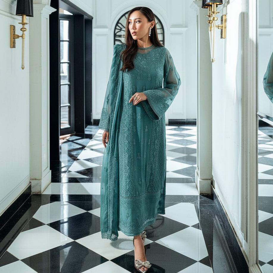 Azure CHIFFON Suit With MALAI Trouser
