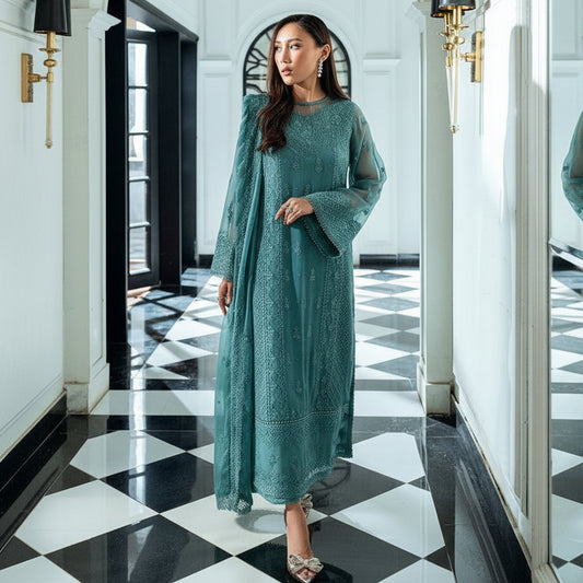 Azure CHIFFON Suit With MALAI Trouser