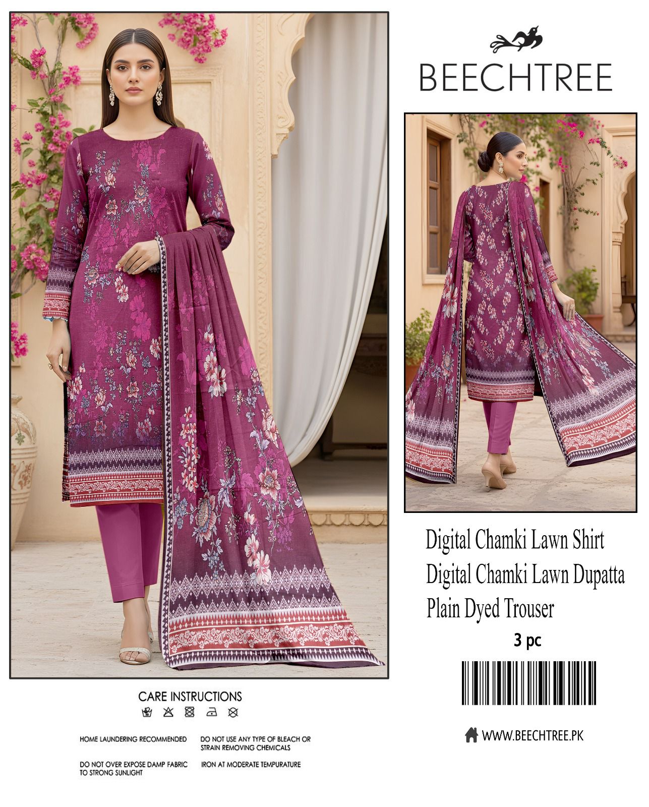 Beechtree, Digital Printed Chamki Lawn Shirt With Chamki Lawn Dupata Plain Dyed Trouser
