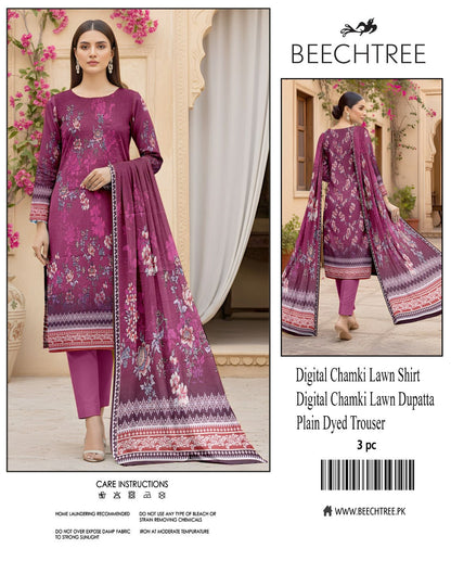 Beechtree, Digital Printed Chamki Lawn Shirt With Chamki Lawn Dupata Plain Dyed Trouser