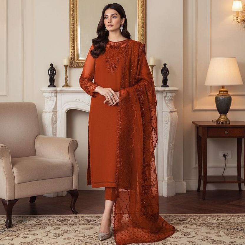 Baroque- chiffon embriodred Neck Patch & Chiffon Sleeves