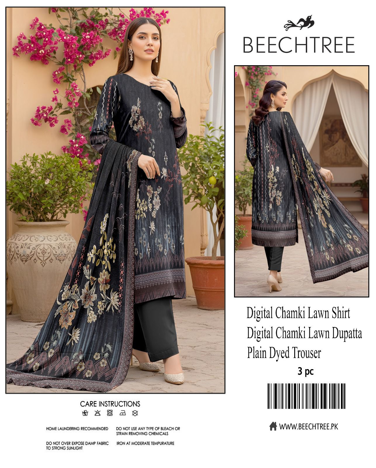Beechtree, Digital Printed Chamki Lawn Shirt With Chamki Lawn Dupata Plain Dyed Trouser
