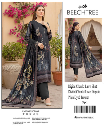 Beechtree, Digital Printed Chamki Lawn Shirt With Chamki Lawn Dupata Plain Dyed Trouser