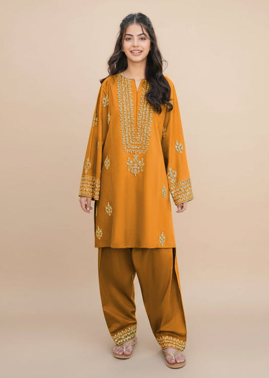 Gold shamoz embroidered kurta shalwar 6-12 years