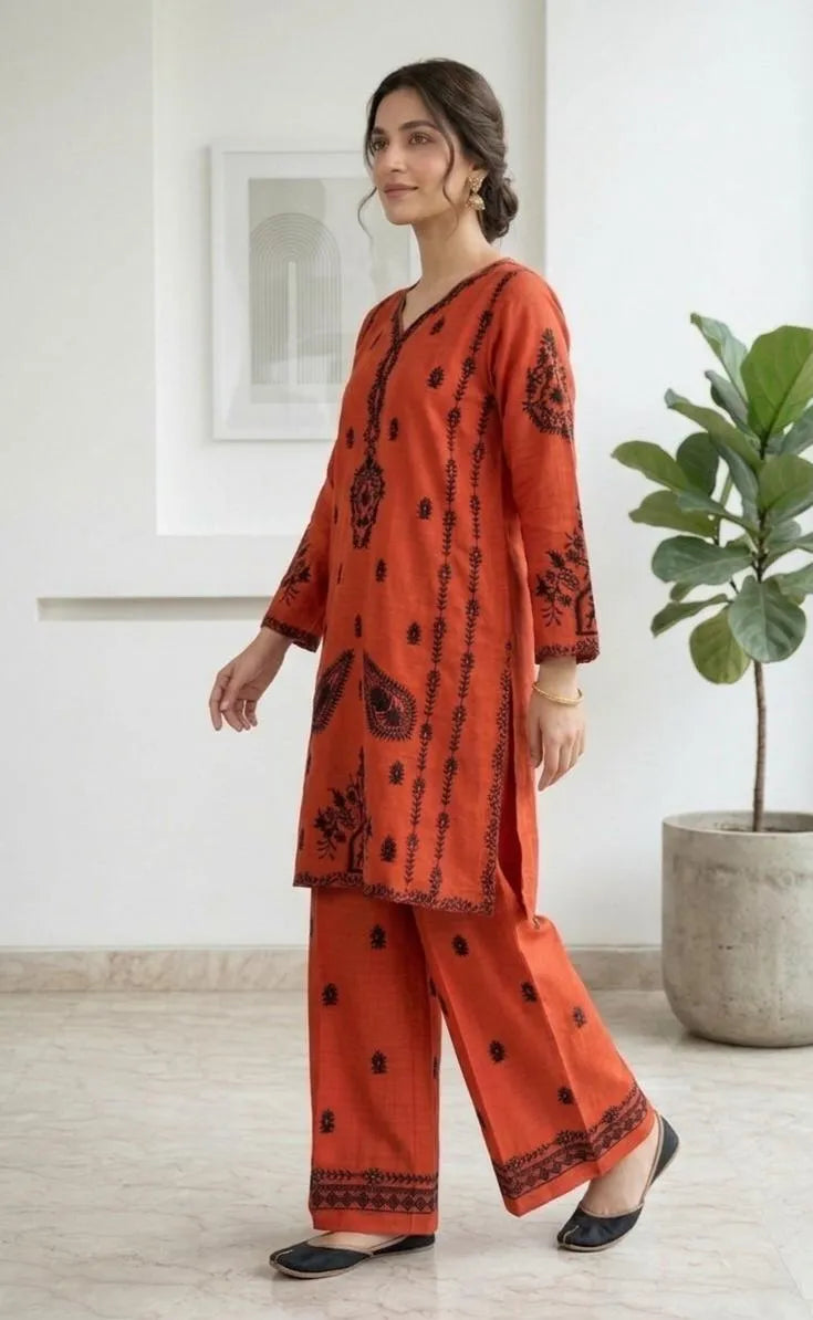 Cotton  Lawn, kurta set embroidered orange colour, 2pc