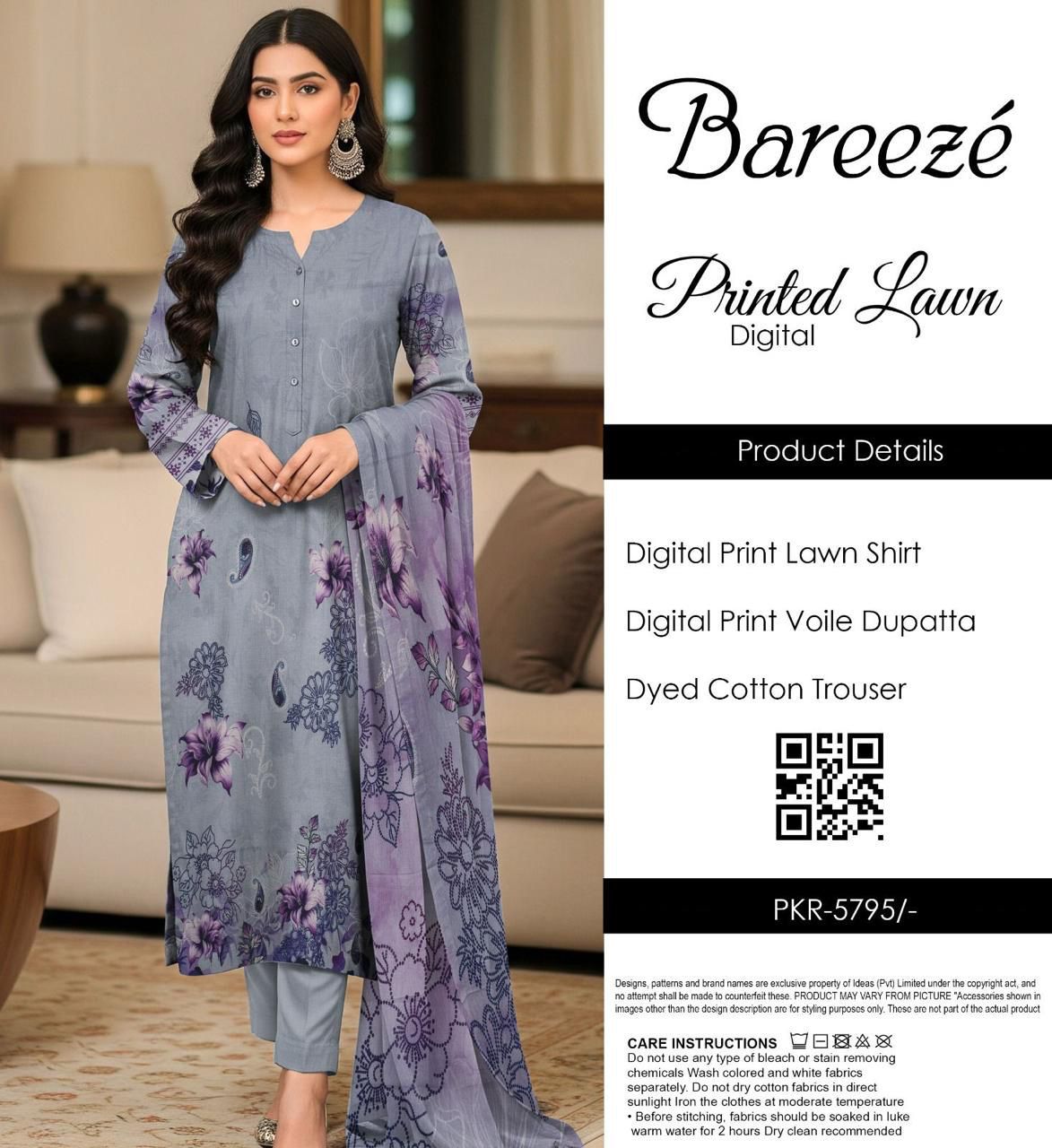 Bareezé printed lawn shirt, voille dupatta, dyed cotton trouser