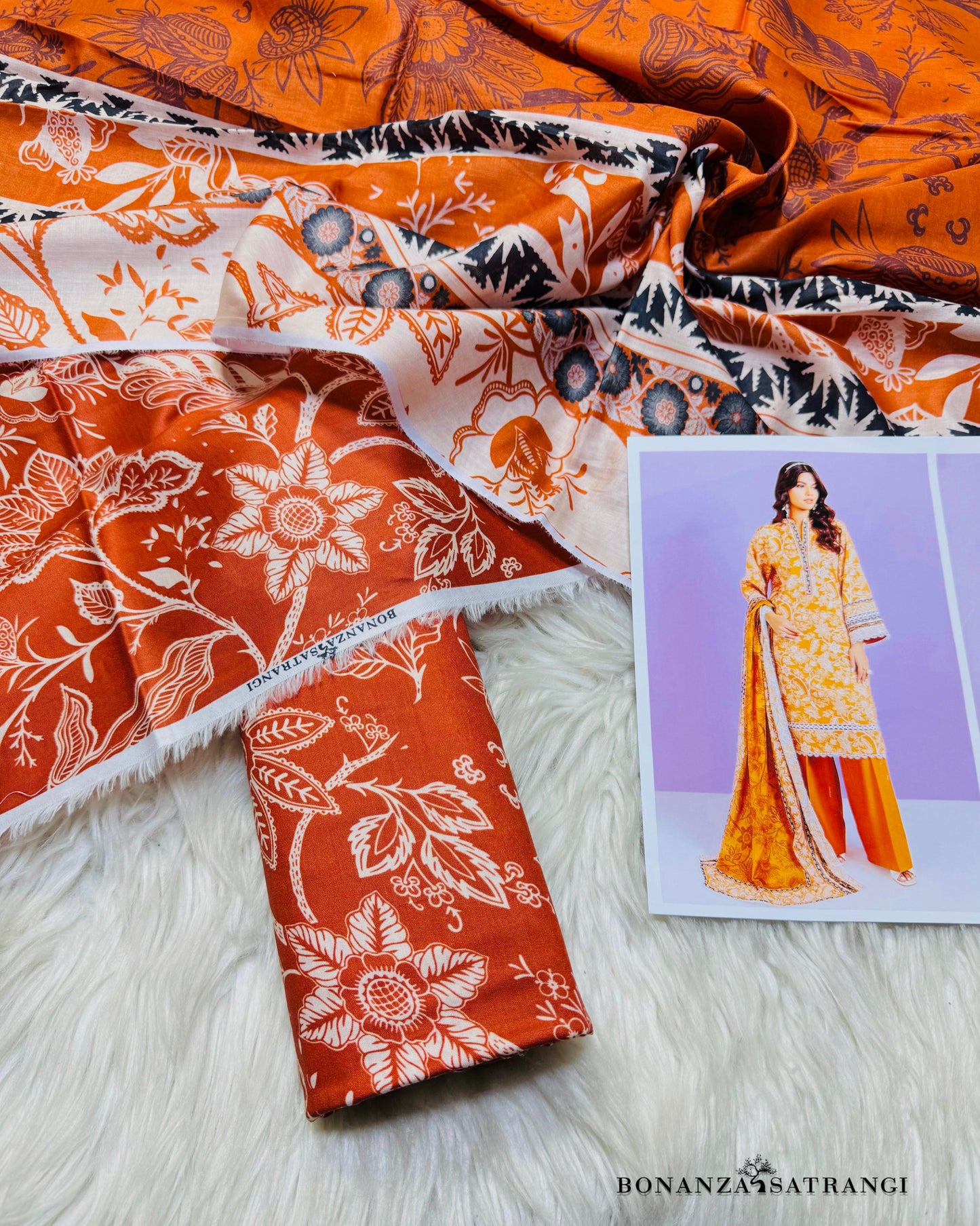 BONANZA SATRANGI*PREMIUM LAWN, PRINTED 90/70 Lawn Front,Back & Sleeves