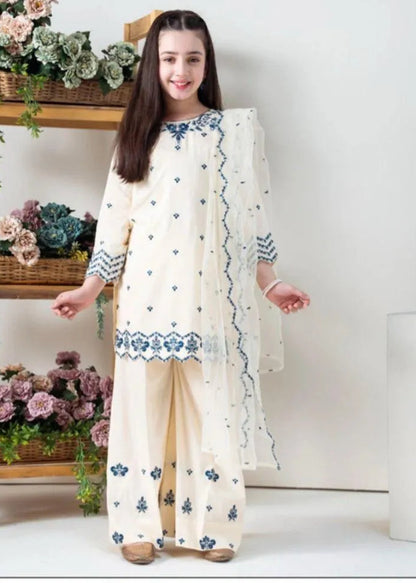 Girls cotton embroidered kurta and shalwar suit 3pcs