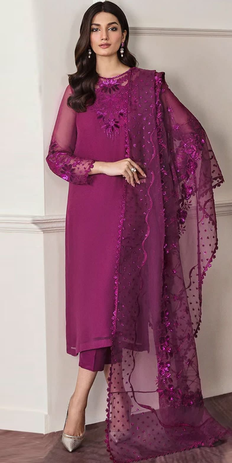 Baroque- chiffon embriodred Neck Patch & Chiffon Sleeves