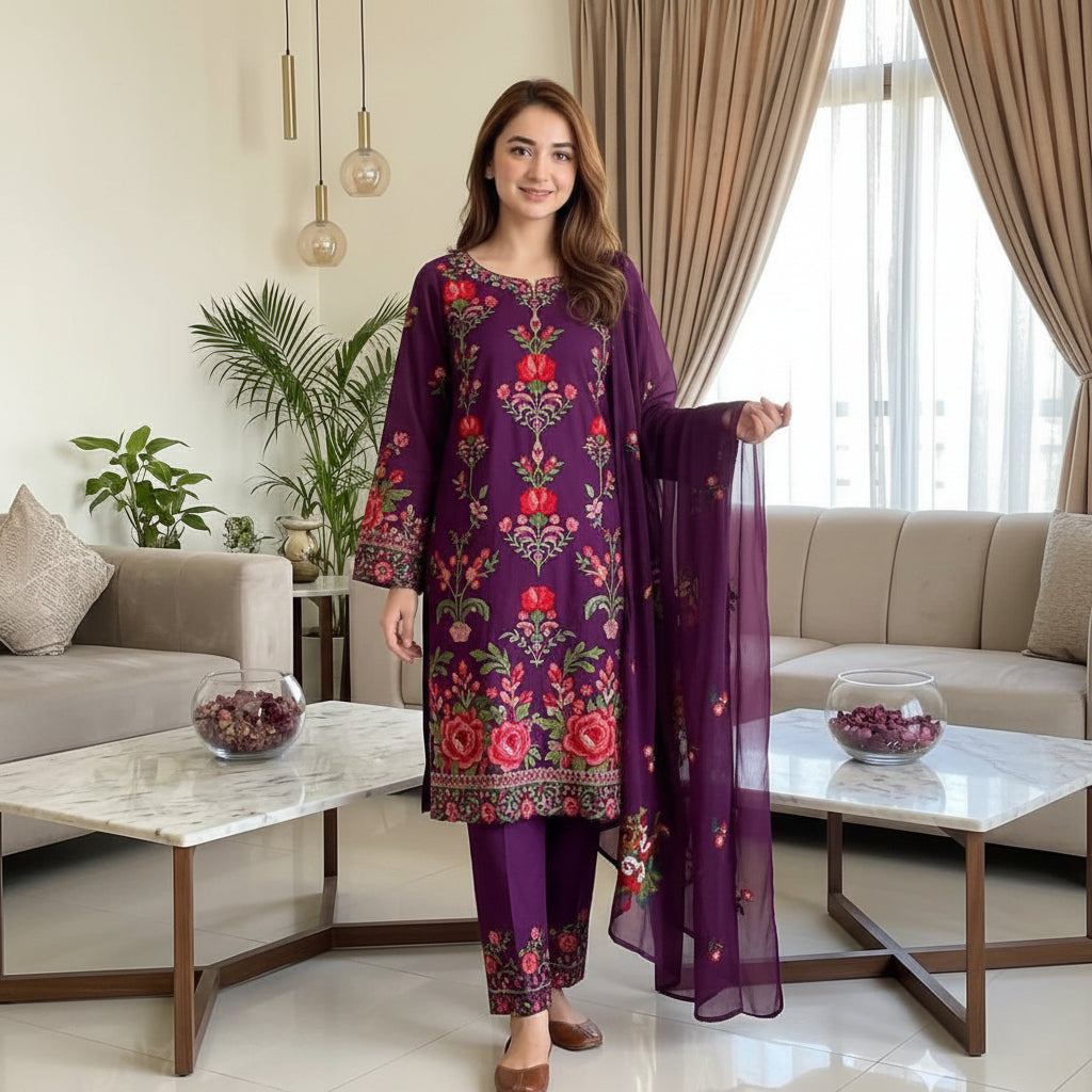 Lawn cotton multi-embroidered unstitched suit