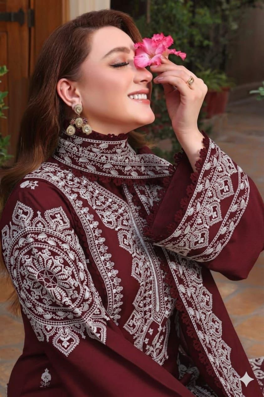 Aneela's Lawn 3-PCS Embroidered Mehroon Color
