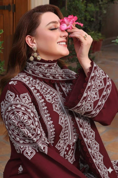 Aneela's Lawn 3-PCS Embroidered Mehroon Color