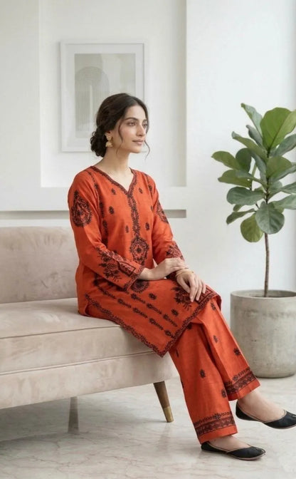 Cotton  Lawn, kurta set embroidered orange colour, 2pc