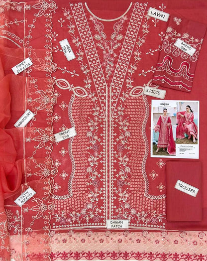 Bin-illyas, embroidered lawn shirt and trouser with cotton Net dupatta.