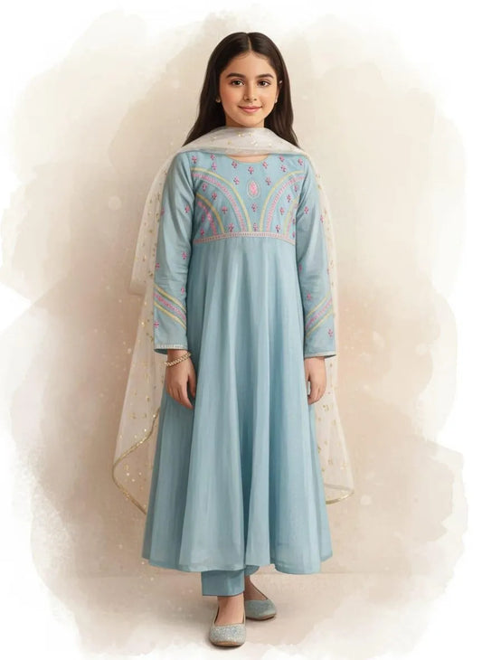 Turquoise embroidered lawn 3Pcs